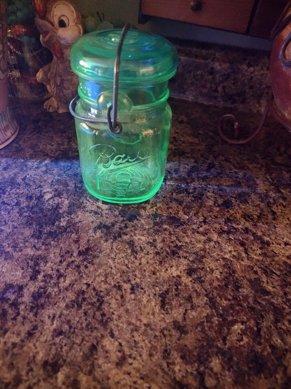 Bicentennial 1776-1976 Ideal Aqua Blue Wire Bail Top Pint Ball Mason Jar "Glows"